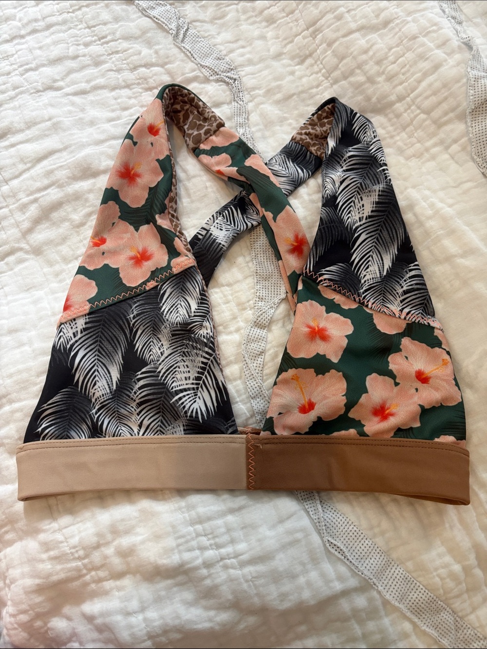Mixed-Print Bikini Top with Cross Straps in Brown, Green and Pink